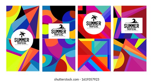 Vector summer tropical abstract geometric colorful background set for print, social media story, fabric, banner, and website. 
