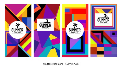 Vector summer tropical abstract geometric colorful background set for print, social media story, fabric, banner, and website. 
