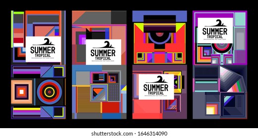 Vector summer tropical abstract geometric colorful background set for print, social media story, fabric, banner, and website. 
