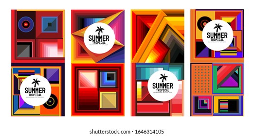 Vector summer tropical abstract geometric colorful background set for print, social media story, fabric, banner, and website. 
