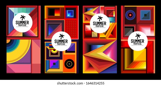 Vector summer tropical abstract geometric colorful background set for print, social media story, fabric, banner, and website. 
