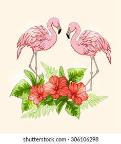Vector de fondo tropical con flores y flamencos rosas