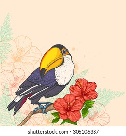 Vector summer tropical background with flowers and toucan