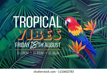 Vector summer tropical background with leaves and parrot. Concept with jungle banana leaf, exotic bird and areca palm for advertising vacation.