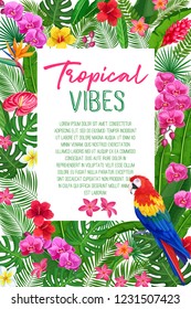 Vector summer tropical background with leaves, flowers and parrot. Concept with jungle banana leaf, exotic bird and areca palm for advertising vacation.