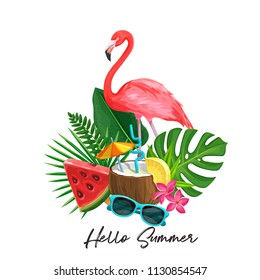 Vector summer tropical banner. Concept for holiday with flamingo, sunglasses, pina colada cocktail tropical leaves and watermelon.