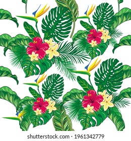 Vector summer tropical leaves and flowers seamless pattern. Trendy monstera leaves isolated