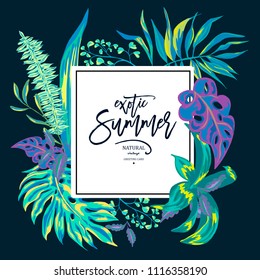 Vector summer tropical leaves, vintage exotic greeting card, natural illustration on black background