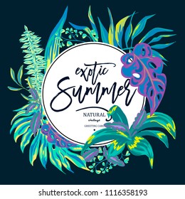Vector summer tropical leaves, vintage exotic greeting card, natural illustration on black background, round frame