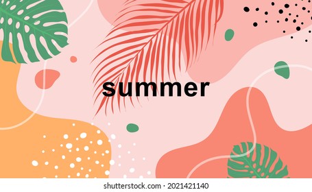 vector summer Tropical palm leaves on blue background. palm tree foliage tropical. Modern graphic design. Hand Drawn textures. Ideal for web, card, poster, cover, invitation, brochure. EPS10.