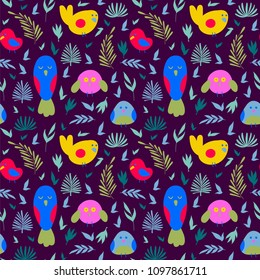Vector summer tropical pattern with birds in cartoon style. Cute design for textile, wallpaper.