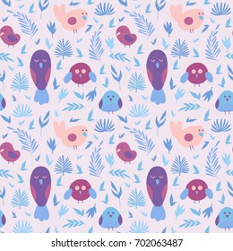 Vector summer tropical pattern with birds in cartoon style. Cute design for textile, wallpaper.