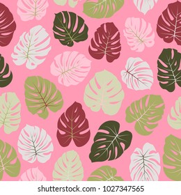 Vector summer tropical pattern with jungle leaves decor, seamless fabric background. Floral jungle ornament with monstera leaf tropical seamless pattern. Philodendron or monstera plant background.