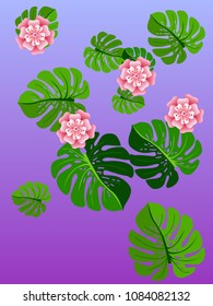 Vector summer tropical pattern with jungle leaves decor, fabric background. Floral jungle ornament with monstera leaf tropical pattern. Philodendron or monstera plant background.