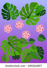 Vector summer tropical pattern with jungle leaves decor, fabric background. Floral jungle ornament with monstera leaf tropical pattern. Philodendron or monstera plant background.