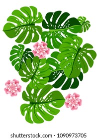 Vector summer tropical pattern with jungle leaves decor, fabric background. Floral jungle ornament with monstera leaf tropical pattern. Philodendron or monstera plant background.