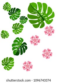 Vector summer tropical pattern with jungle leaves decor, fabric background. Floral jungle ornament with monstera leaf tropical pattern. Philodendron or monstera plant background.