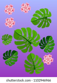 Vector summer tropical pattern with jungle leaves decor, fabric background. Floral jungle ornament with monstera leaf tropical pattern. Philodendron or monstera plant background.