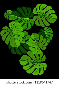 Vector summer tropical pattern with jungle leaves decor, fabric background. Floral jungle ornament with monstera leaf tropical pattern. Philodendron or monstera plant background.
