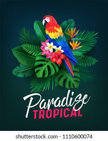 Vector summer tropical poster. Illustration with parrot, tropical leaves and flowers for advertising vacation. Concept with exotic bird, strelitzia, areca palm, leaf monstera and plumeria.
