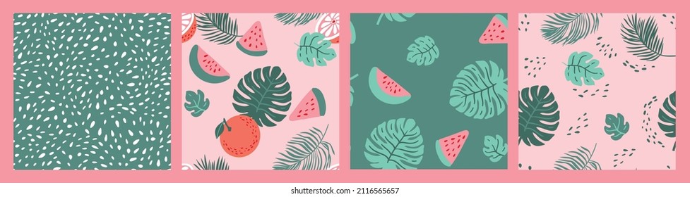 Vector summer tropical seamless pattern collection. Green and pink background with orange, watermelon, monstera leaves and polka dots for fabric, wallpaper and wrapping paper