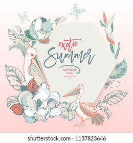 Vector summer tropical vintage exotic greeting card, Magnolias and Pelican, natural illustration on pink background, round frame