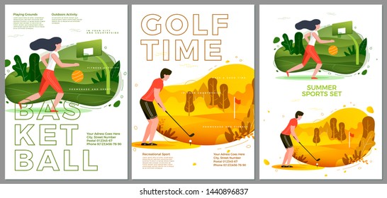 Vector summer typographic posters set - basketball, golf players. Forests, trees and hills on background. Print template with place for your text.