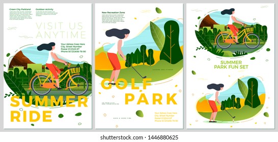 Vector summer typographic posters set - bike riding and golf player. Forests, trees and hills on background. Print template with place for your text.