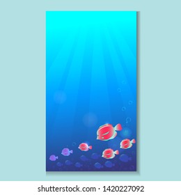 Vector summer underwater illustration with ocean fish. Card, template design.