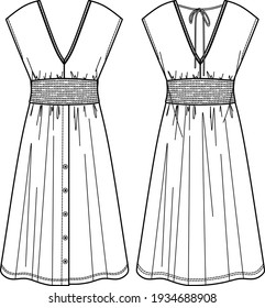 Vector summer v neck dress fashion CAD, woman midi dress with smocked waist technical drawing, template, flat, sketch