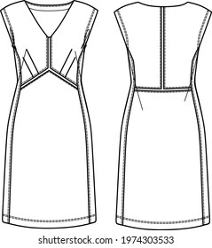 Vector summer v neck dress fashion CAD, woman mini dress with stitches technical drawing, template, flat, sketch. Jersey or woven fabric dress with front, back view, white