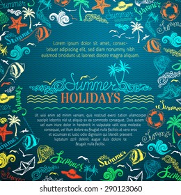 Vector summer vacation background. Travel summer symbols on blue background. There is place for text in the center.