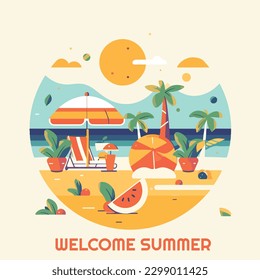 vector of summer vacation at the beach flat design, umbrella, watermelon, palm tree, coconut tree, sun, sea, sunset