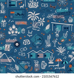 Vector Summer Vacation Blue Seamless Pattern. Palm Springs, California architecture and nature. Holiday homes, pools, beach, palm trees, hills, tropical plants, food, drinks and other leisure items.