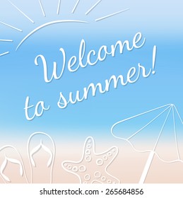 Vector summer vacation card. Blurred background. Travel theme. 