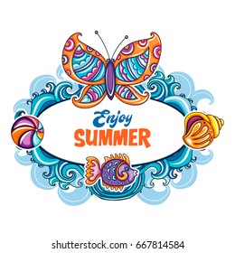 Vector summer vacation frame with sea wave pattern. Cute butterfly, children beach ball, tropical reef fish, ocean seashell. Design element for beach party invitation, travel, seasonal sale sign