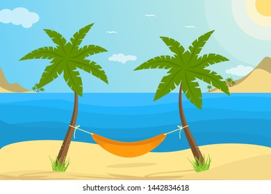 Vector summer vacation in hammock on the sunny beach with palms and shadow.