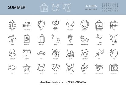 Vector summer vacation icons. Editable Stroke. Recreation and entertainment in summer beach sun swimming diving surfing. Palm bungalow bar cocktail ice cream watermelon. Fish clams mountains camping