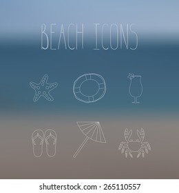 Vector summer vacation icons on blurred background. Beach objects.