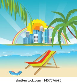Vector Summer Vacation  illustration  city buildings on sea coast. Tropical ocean coast, palm trees, blue sky. Design template for banner, flyer, invitation