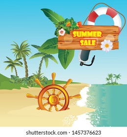 Vector Summer Vacation  illustration  on vintage wood background. Tropical plants, flower and diving stuff with blue sky. Design template for banner, flyer, invitation