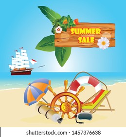 Vector Summer Vacation  illustration  on vintage wood background. Tropical plants, flower and diving stuff with blue sky. Design template for banner, flyer, invitation
