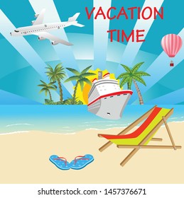 Vector Summer Vacation  illustration  on vintage wood background. Tropical islands, plane, cruise liner, blue sky. Design template for banner, flyer, invitation