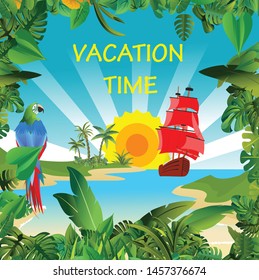 Vector Summer Vacation  illustration  on vintage wood background. Tropical plants, parrot, ship with red sails, blue sky. Design template for banner, flyer, invitation