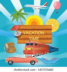 Vector Summer Vacation  illustration  on vintage wood background. Tropical islands, plane, train, blue sky. Design template for banner, flyer, invitation