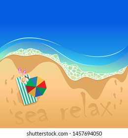 vector summer vacation illustration on the beach with beach umbrellas and sea waves