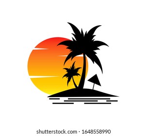 Vector Summer vacation logo. Coconut tree, beach resort. Tropical island with palm trees isolated on white background. Vintage label design.