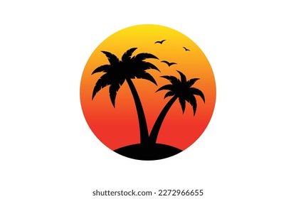 Logo de las vacaciones de verano vectores. Cocoteros, complejo de playa. Isla tropical con palmeras aisladas de fondo blanco. Diseño de etiquetas antiguas.