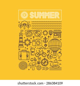 Vector summer and vacation poster or print for t-shirt in trend linear style on yellow background - illustration with icons and sign