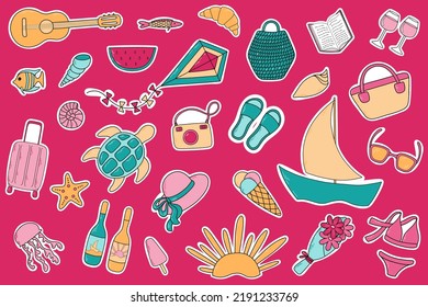 Vector summer vacation set. Bright beach stickers